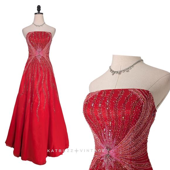 Alyce Prom Dress Maxi Gown XS Red Silk Princess Glam Strapless Y2K Bead Pink - Picture 1 of 16